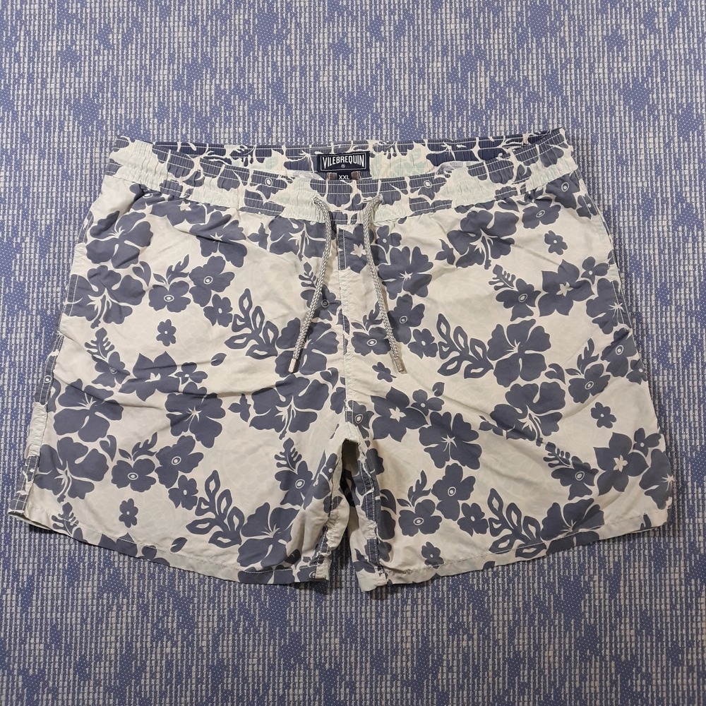 Vilebrequin Swim Trunks Shorts Unlined Mens 2XL 40 x 6 Floral White Blue Beach
